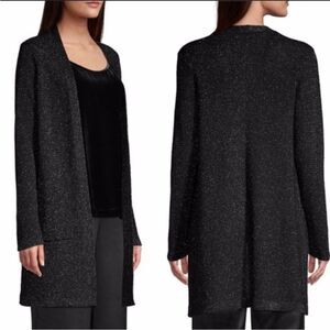 Eileen Fisher Silk Blend Knit Black Gray Cable Knit Open Sweater Cardigan L